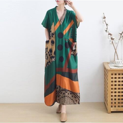 Women Elegant Fashion Floral Print Chiffon Green Dress Vintage V Neck Short Sleeve Robe Satin Boheme Abaya Vestidos Clothing