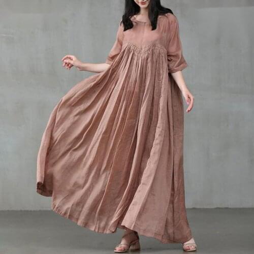 New 2021 Summer Casual Womens Cotton Linen Pullover Round Neck Large Swing Solid Color Dress Long Skirt Dresses Lady