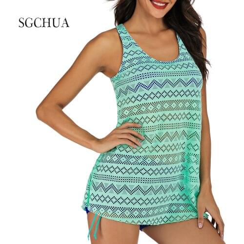 2021 Sexy Hollow Out Beach Dress Women V Neck Sleeveless Swimsuit Cover Up Female Bathing Suit Blue Mesh Two Piece Swimsuit