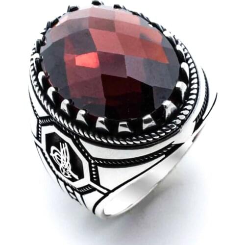 925 sterling Silver Red Zircon Stone Ottoman Monogram Detailed Ring