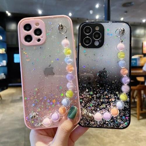 Camera Protection Candy Phone Case for Redmi Note 10 Pro Max 10s 9S 9A 9C 9T Mi 11 Poco X3 Luxury Glitter Pearl Bracelet Cover
