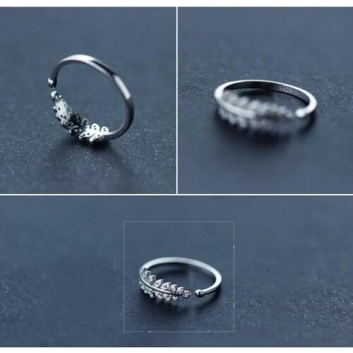 Jisensp Bohemian Style Adjustable Feather Leaf Ring Vintage Silver Plated Crystal Stone Rings for Women Men Wedding Jewelry Gift