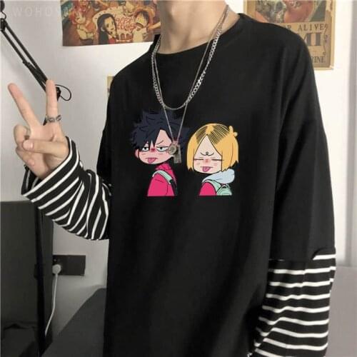 Kawaii Cartoon Kenma Kozume Kuroo Tetsurou Haikyuu Anime T-Shirt Harajuku Korean Fashion Oversize Men Autumn Long Sleeve T Shirt