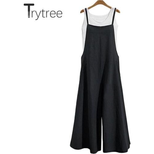 Trytree 2021 Summer Autumn Women Jumpsuits Casual Soild Wide Leg Pants Office Lady Loose Ankle-Length Silky Suspender Pants