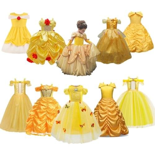 Beauty and the Beast Toddler Summer Princess Belle Dress Girls Floral Ball Gown Children Cosplay Belle Costume Fancy Party Dress
