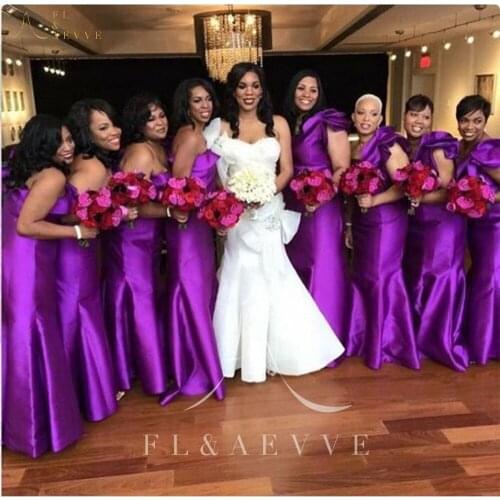 Fashion Purple Satin Mermaid Wedding Party Dress for Black Women Occasion Gowns With Big Bow Bridesmaid Dresses Plus Size