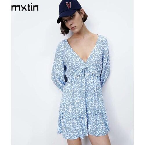 MXTIN 2021 Women Spring Vintage Sexy Animal Print Mini Dress Fashion Ruffle V Neck Short Sleeve Party Female Dresses Vestidos