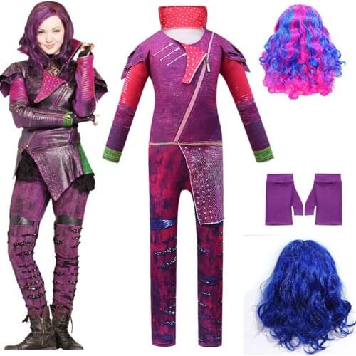 New Girls queen of mean Descendants 3 Cosplay Tights Romper Robe Halloween Costume Performance Gloves Wig 3 Piece Set
