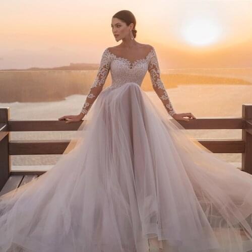 Romantic Boho A Line Wedding Dress 2021 Beach Appliques Button Lace Long Sleeve Mariage Vestido De Noiva White Bridal Gowns
