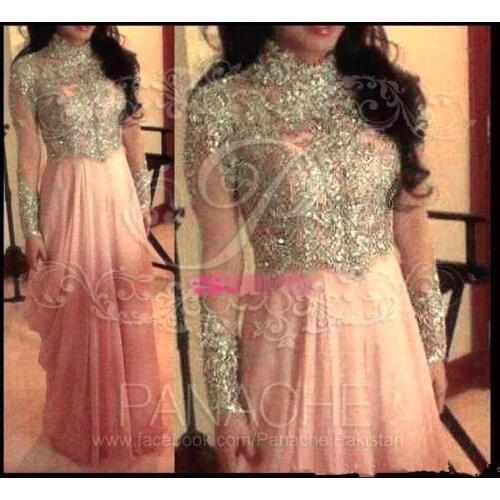 Pink Muslim Evening Dresses A-line Long Sleeves Chiffon Lace Beaded Islamic Dubai Saudi Arabic Long Evening Gown Prom