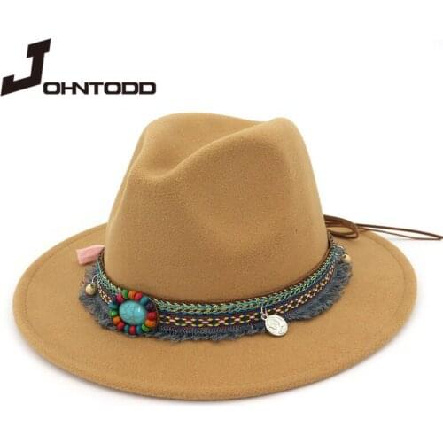 New men and women wool felt jazz style Fedora hat Panama Trilby Party formal top hat black and yellow with belt decoration dress