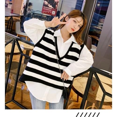 Women Sweet Sweater Vest Autumn 2020 Korean Style Vintage Stripe V Neck Sleeveless Loose Pullover Knitted Woman Sweaters Tops