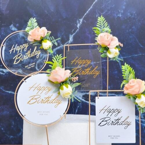 Happy Birthday Decoration Acrylic Cake Toppers with Flower Mini Cake Toppers Birthday Party Baking Cake Decorating Flags Toppers