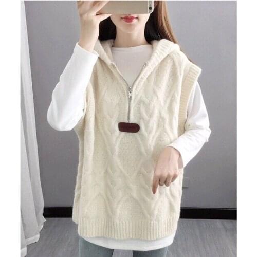 Hooded with hat Zip New Spring Autumn V-neck Knit Sleeveless Sweater Vest Loose Outcoat Student Lady Top Cloth for Women girl