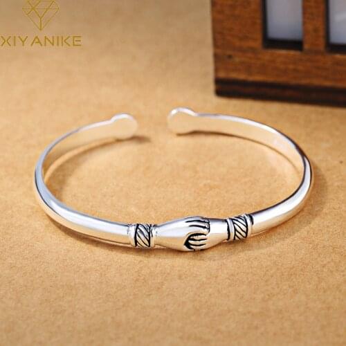XIYANIKE 925 Sterling Silver Vintage Handshake Creative Bracelet Bangle For Women Fashion Charming Wedding Jewelry Adjustable