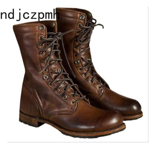 Womens Boots Autumn And Winter The New Round head Lace-up Thick heel Low-heeled Middle tube Womens shoes plus size 34-48