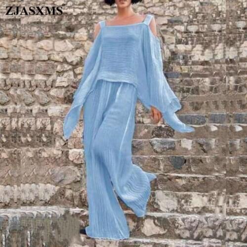Woman Sets Two Pieces Pant Cotton Linen Spring Off Shoulder Shirt Pullover and Long Pants Set Autumn Batwing Sleeve Lady Outfits