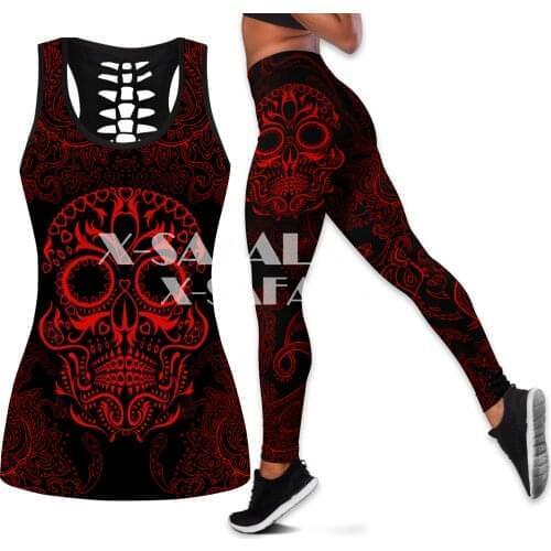 Love Skull And Tattoos Two Piece Yoga Set Women 3D Print Vest Hollow Out Tank Top High Waist Legging Summer Casual Sport-3