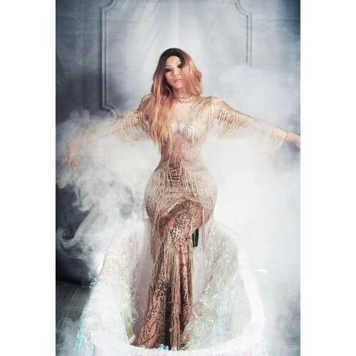 Women Stage Wear Dance Costume Singer Evening Performance Tassel Long Dress Festival Clothing Rhinestones Fringes Dress