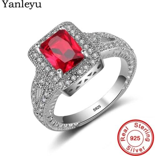Yanleyu Luxury 100% 925 Sterling Silver Rings for Women Wedding Engagement Accessories Red Cubic Zirconia Jewelry Gift PR222