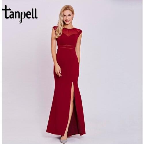 Tanpell split front evening dress burgundy scoop neck sleeveless floor length sheath gown women prom long formal evening dresses