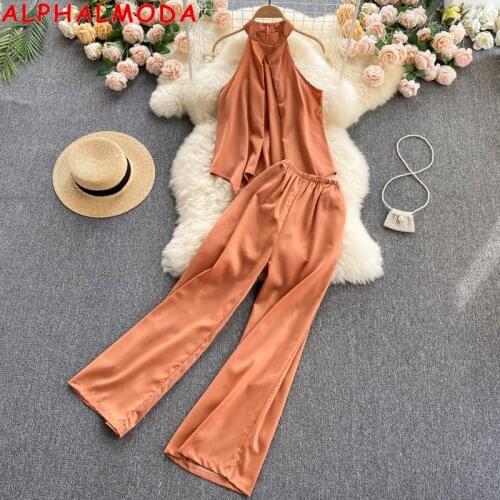 ALPHALMODA 2021 Summer Women Sleeveless Blouses Straight Pants 2pcs Set Solid Pleated Loose Top Trousers Ladies Casual Suit