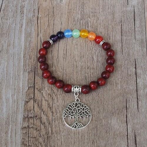 Handmade DIY Buddha Seven Chakra Bracelet Dark Red Wooden Beads 7 Chakra Yoga Healing Reiki Pray Mala Bracelet