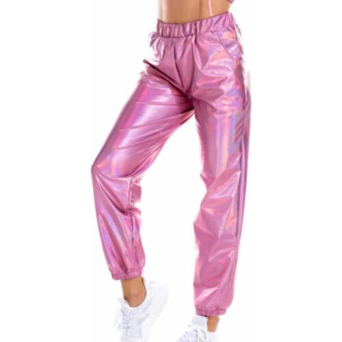 Shiny Metallic Holographic Joggers Women Track Pants Fashion Bright High Waist Wetlook Harem Pants Sweatpants Hip Hop Trousers