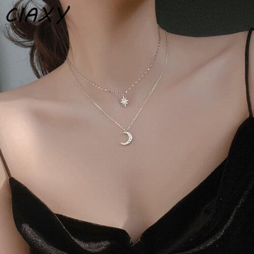 CIAXY 925 Sterling Silver Double Star Pendant Moon Necklace for Women Small Fresh Zircon Choker Clavicle Chain Fashion Jewelry