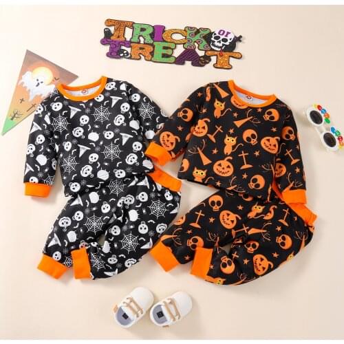 2Pcs Kids Halloween Pajamas Printed Long Sleeves T-Shirt + Elastic Waist Long Pants for Girls Boys 18 Months to 5 Years