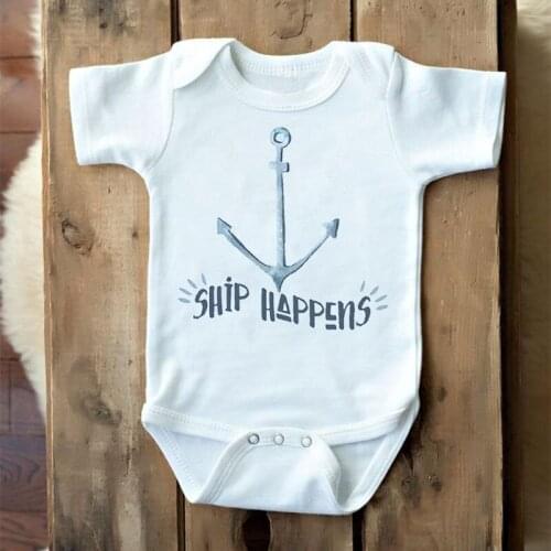 DERMSPE 0-24M Infant Newborn Baby Boy Girl Short Sleeve Letter Print Ship Happens Cotton Romper Outfits Summer Baby White