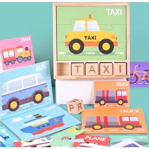 Kids Cartoon Puzzle With Word Spelling Toys Kits Wooden Montessori Educational Toys For Children Basic Learning Teaching Aids