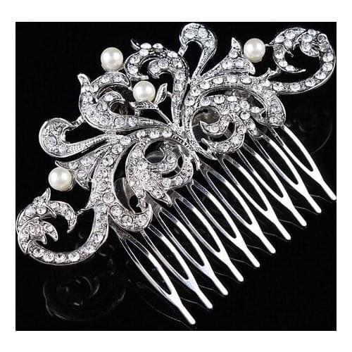 SLBRIDAL Art Deco Alloy Clear Rhinestones Crystals Pearls Leaves Wedding Hair Comb Bridal Hair Accessories Hair Jewelry Women