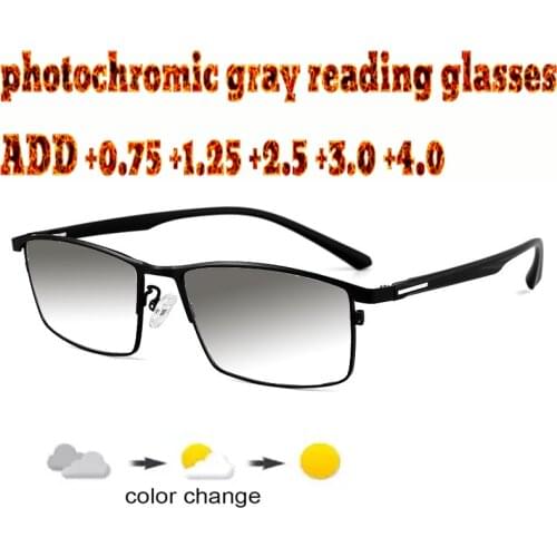 Photochromic Gray Reading Glasses Metal Frame Business High Quality Fashion Men Women+1.0 +1.5 +1.75 +2.0 +2.5 +3 +3.5 +4