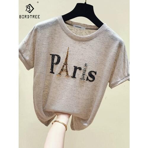 Ins Short Sleeve Paris Eiffel Tower Beaded Tshirt Summer New Women Shinny Cotton O Necks Loose Casual Girls Tops Tees T13115X