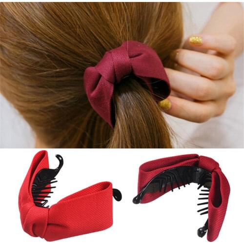 Korean Sweet Fabric Bow Hair Claw Elegant Women Solid Cloth Ties Banana Hair Crab Clips Ponytail Hold Girl Hair Accessories