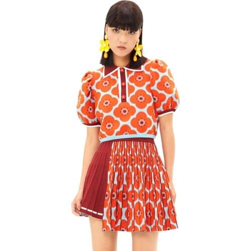 Crop Top and Skirt Two Piece Set Women Floral Print Short Sleeve Knit Blouse Shirt + Irreglar Pleated SKirt Suit Vacation Outfit