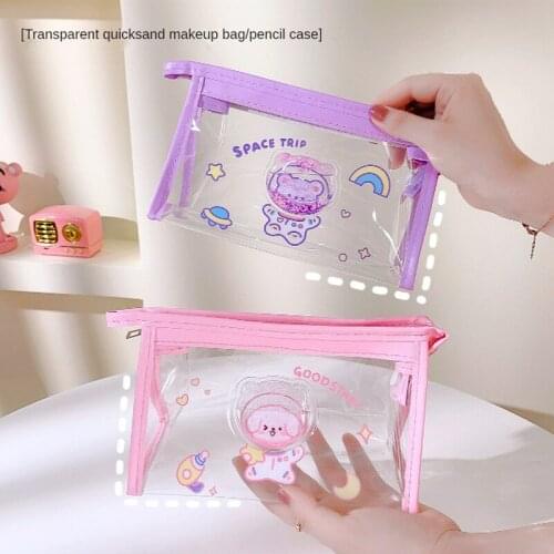 Cute Quicksand Pencil Case School Student Exam Stationery Storage Bag PVC Transparent Case Pouch Makeup Bag Girls Heart