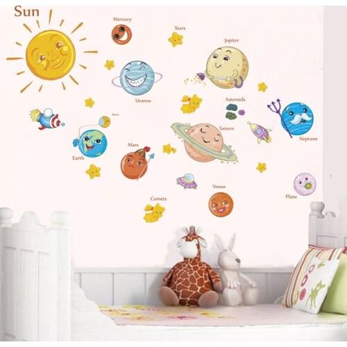 Cartoon Sun Planet UFO Outer Space Wall Stickers for Child Kids Bedroom Decor Living Room Decor Wall Decals for House Decoration