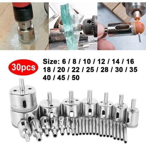 30pcs Diamond Coated Drill Bit Set Tile Marble Glass Ceramic Hole Saw Drilling Bits for Power Tools 6mm-50mm Marble Drilling Bit