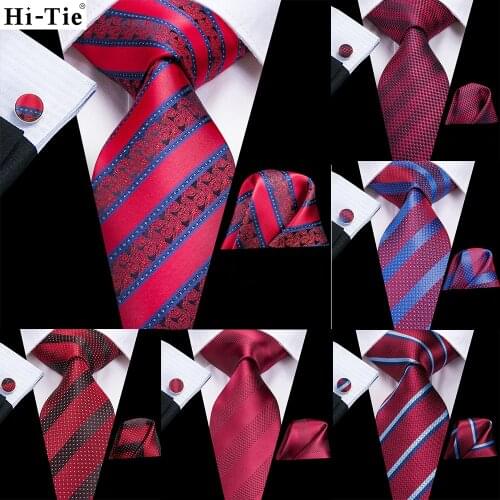 Hi-Tie Gift For Men Red Wine Burgundy Silk Wedding Tie For Men Hanky Cufflink Set Business Party Dropshipping Fashion Designer