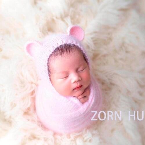 Fluffy Teddy Bear Hat Wrap Set Newborn Angora Stretch Knit Wrap Set Vintage Baby Animal Bear Bonnet Photography Props
