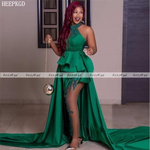 Luxury Green African Evening Dress Halter Illusion Chic Beads Satin Plus Size Formal Dresses For Women Special Occasion Gowns