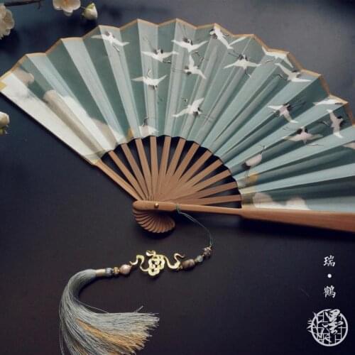Handmade nature jade bead Red-crowned crane tassel fan pendants bag hanfu Clothing Accessories charms