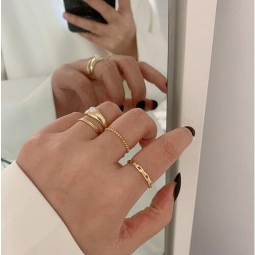 TIMEONLY Delicate 5 Pieces/set Imitation Pearl Rings Beading Chain Charms Ring for Women Girls Accessories Party Gifts Fashion