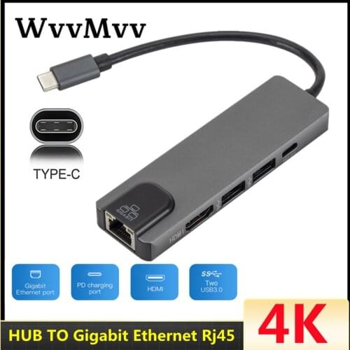 WVVMVV 4K USB3.0 Type C Hub 5 Ports Multi USB C Hub to Gigabit Ethernet Rj45 Lan Adapter for Macbook Thunderbolt 3 USB-C Charger
