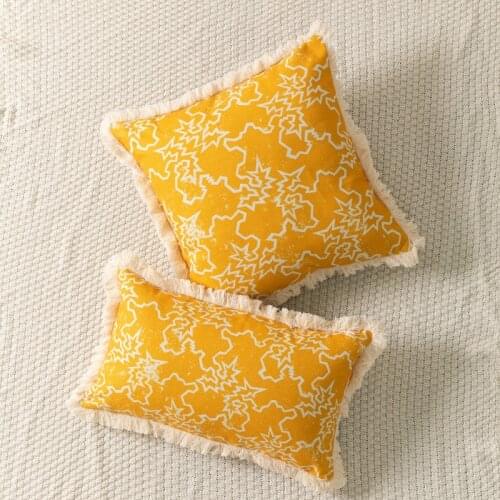 Vintage Cushion Cover Yellow Navy Blue Printed Pillow Case 45x45cm/30x50cm Tassels Decorative Pillows for Couch Chair Home Decor