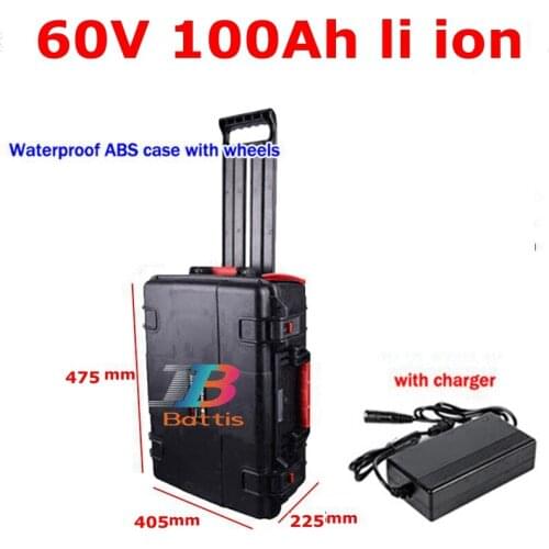 Waterproof Lithium ion 60V 100AH li ion with BMS wheel trolley case for Forklift scooter ebike sweeper tricycle +10A Charger