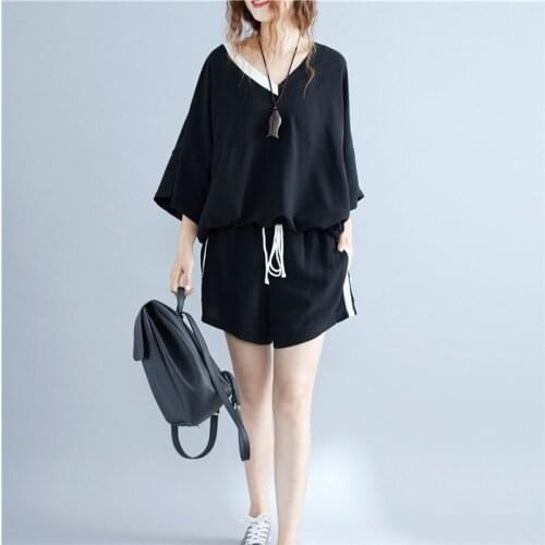 Summer Clothes For Women Plus Size Lounge Wear Set Loose V-neck Short Sleeve Tops + Elastic Tie Shorts 2020 Two Piece Sets Z287