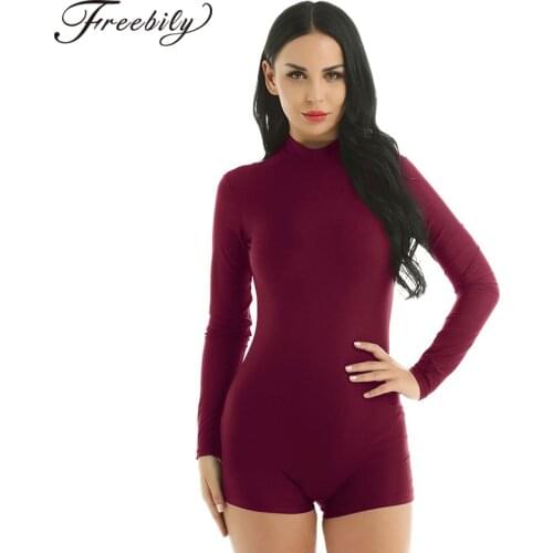 Women Adult Mock Neck Long Sleeve Solid Color Stretchy Gymnastics Ballet Dance Shorts Dance Leotards Bodysuit Jumpsuit Unitards